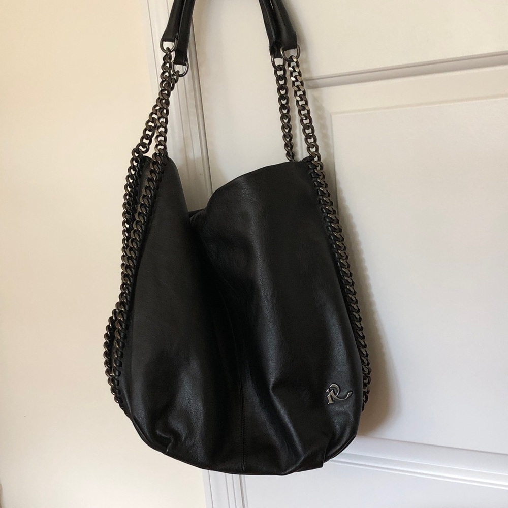 Black Leather Hobo Bag with Chain Trim ,made in Italy -Ripani